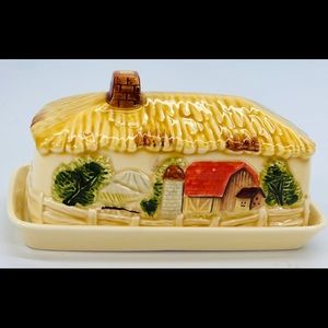 Vintage covered butter dish farm scene barnyard 3D